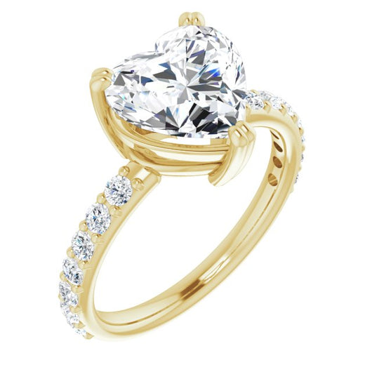 10K Yellow Gold Customizable Heart Cut Design with Large Round Cut 3/4 Band Accents