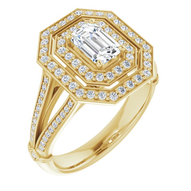 10K Yellow Gold Customizable Cathedral-set Emerald/Radiant Cut Design with Double Halo, Wide Split-Shared Prong Band and Side Knuckle Accents