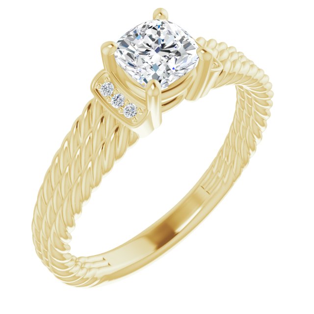 10K Yellow Gold Customizable 11-stone Design featuring Cushion Cut Center, Vertical Round-Channel Accents & Wide Triple-Rope Band