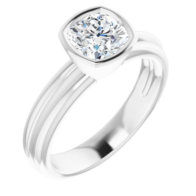 10K White Gold Customizable Bezel-set Cushion Cut Solitaire with Grooved Band