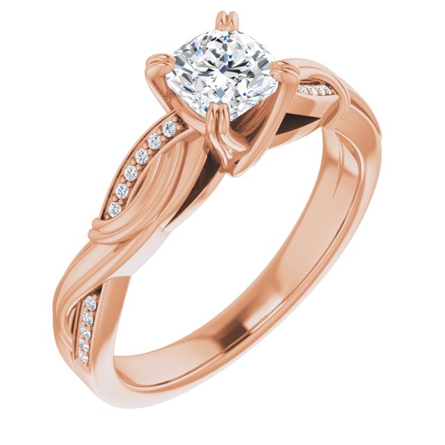 10K Rose Gold Customizable Cathedral-raised Cushion Cut Design featuring Rope-Braided Half-Pavé Band