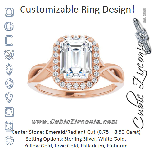 Cubic Zirconia Engagement Ring- The Yawén (Customizable Cathedral-Halo Emerald Cut Design with Twisting Split Band)