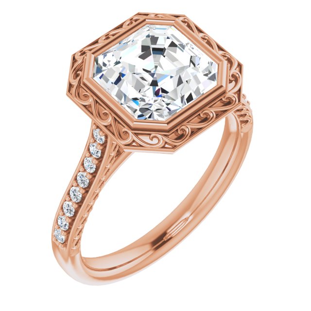 10K Rose Gold Customizable Cathedral-Bezel Asscher Cut Design featuring Accented Band with Filigree Inlay