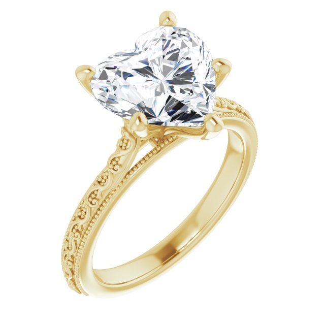 10K Yellow Gold Customizable Heart Cut Solitaire with Delicate Milgrain Filigree Band