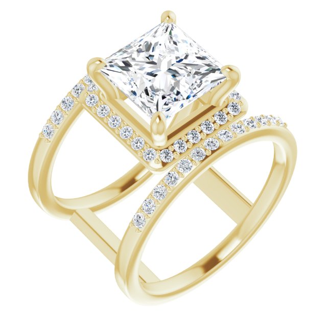 10K Yellow Gold Customizable Princess/Square Cut Halo Design with Open, Ultrawide Harness Double Pavé Band