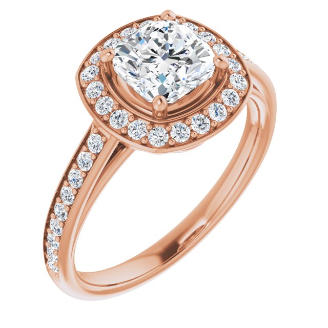 10K Rose Gold Customizable Cathedral-raised Cushion Cut Halo-and-Accented Band Design