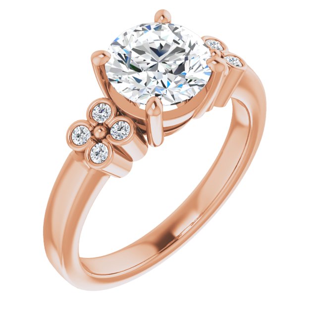 10K Rose Gold Customizable 9-stone Design with Round Cut Center and Complementary Quad Bezel-Accent Sets
