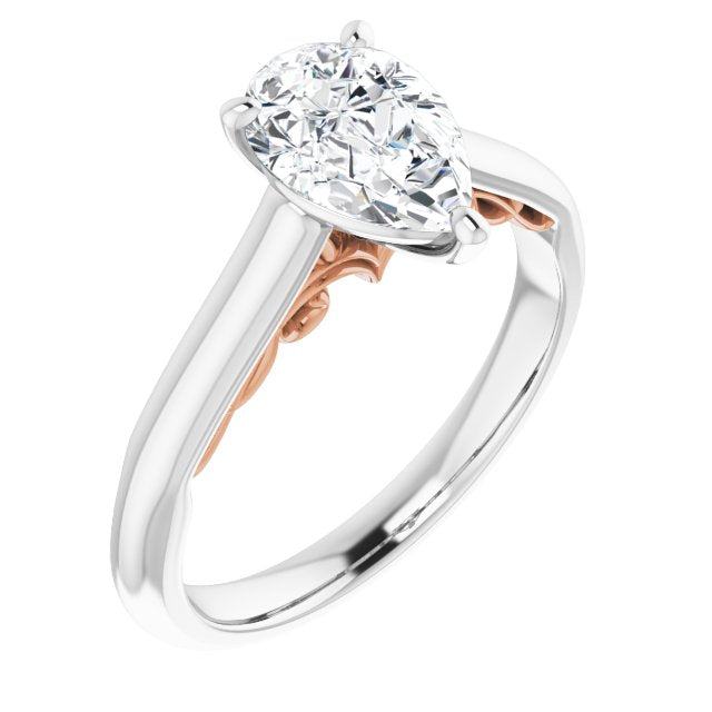 14K White & Rose Gold Customizable Pear Cut Cathedral Solitaire with Two-Tone Option Decorative Trellis 'Down Under'