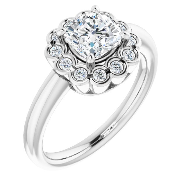 10K White Gold Customizable 13-stone Cushion Cut Design with Floral-Halo Round Bezel Accents