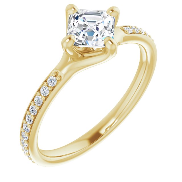 10K Yellow Gold Customizable Asscher Cut Design featuring Thin Band and Shared-Prong Round Accents