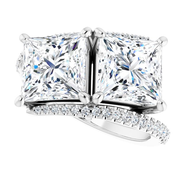 Cubic Zirconia Engagement Ring- The Nellie (Customizable Double Princess/Square Cut 2-stone Design with Ultra-thin Bypass Band and Pavé Enhancement)