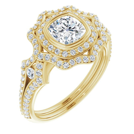 10K Yellow Gold Customizable Cushion Cut Style with Ultra-wide Pavé Split-Band and Nature-Inspired Double Halo