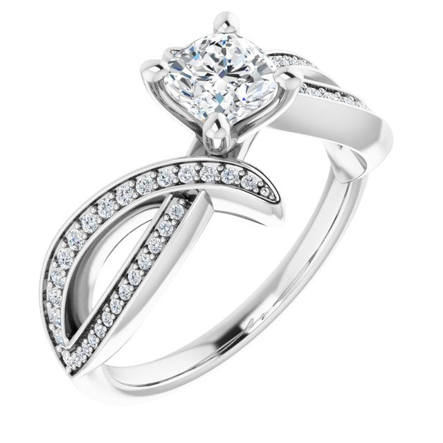 10K White Gold Customizable Cushion Cut Design with Swooping Pavé Bypass Band