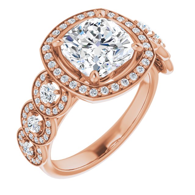 10K Rose Gold Customizable Cathedral-set Cushion Cut 7-stone style Enhanced with 7 Halos
