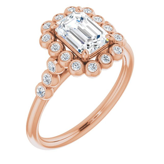 10K Rose Gold Customizable Emerald/Radiant Cut Cathedral-Style Clustered Halo Design with Round Bezel Accents