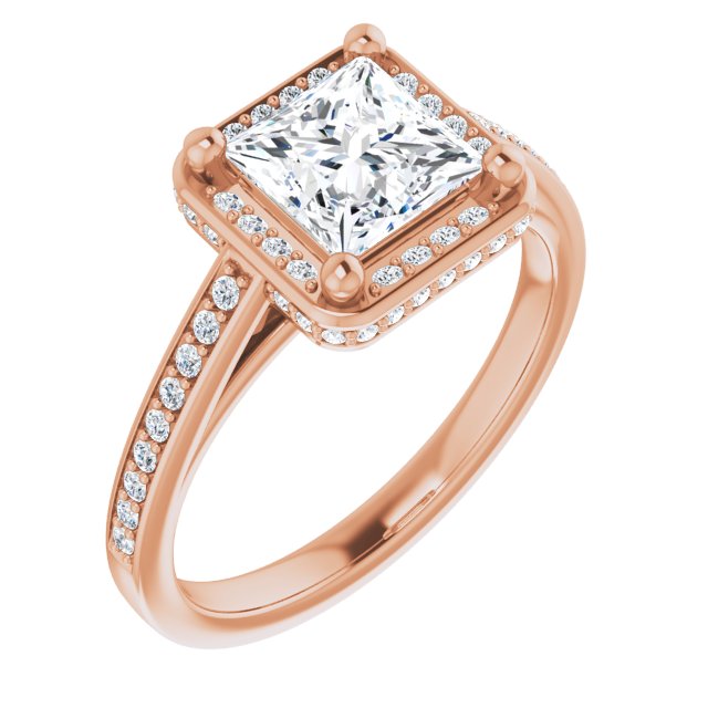 10K Rose Gold Customizable Cathedral-Halo Princess/Square Cut Design with Under-halo & Shared Prong Band