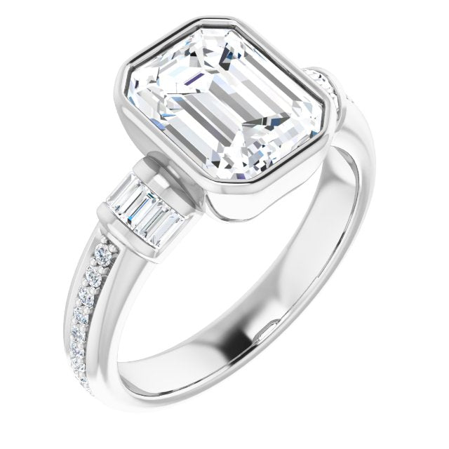 10K White Gold Customizable Cathedral-Bezel Emerald/Radiant Cut Style with Horizontal Baguettes & Shared Prong Band