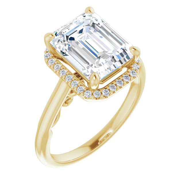 10K Yellow Gold Customizable Cathedral-Halo Emerald/Radiant Cut Style featuring Sculptural Trellis