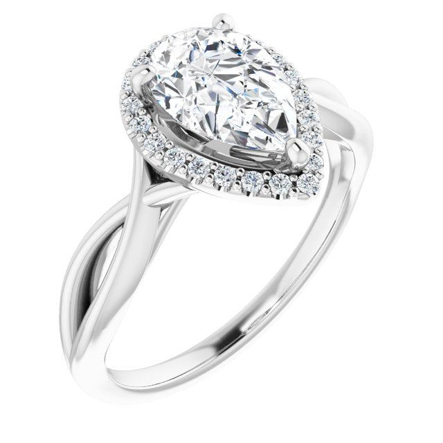 10K White Gold Customizable Cathedral-Halo Pear Cut Design with Twisting Split Band