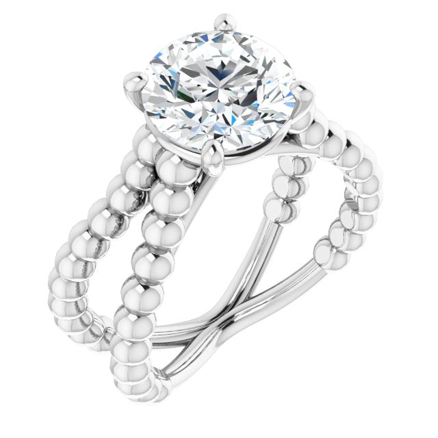 18K White Gold Customizable Round Cut Solitaire with Wide Beaded Split-Band