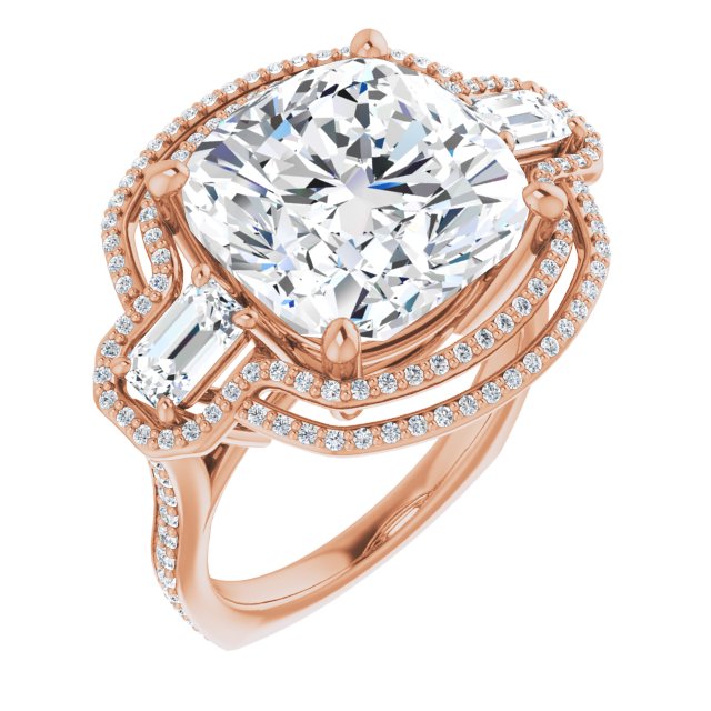 10K Rose Gold Customizable Enhanced 3-stone Style with Cushion Cut Center, Emerald Cut Accents, Double Halo and Thin Shared Prong Band