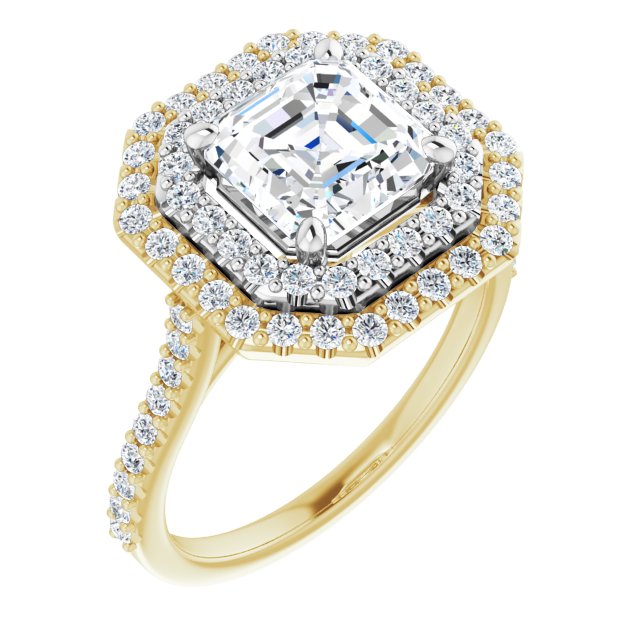 14K Yellow & White Gold Customizable Double-Halo Asscher Cut Design with Accented Split Band