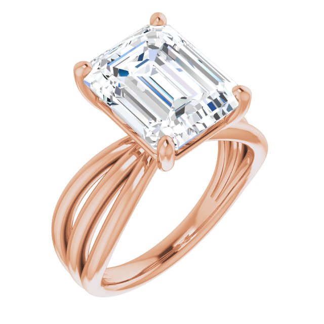 10K Rose Gold Customizable Emerald/Radiant Cut Solitaire Design with Wide, Ribboned Split-band
