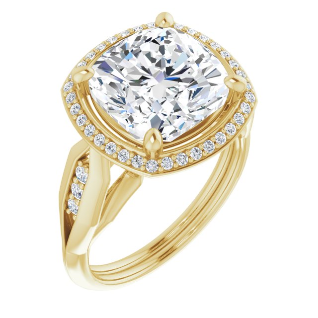 10K Yellow Gold Customizable Cathedral-raised Cushion Cut Design with Halo and Tri-Cluster Band Accents