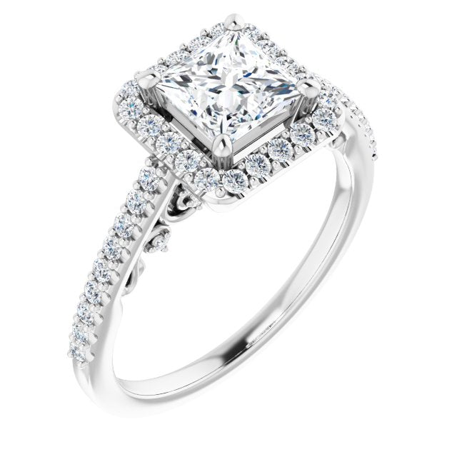 10K White Gold Customizable Cathedral-Halo Princess/Square Cut Design with Carved Metal Accent plus Pavé Band