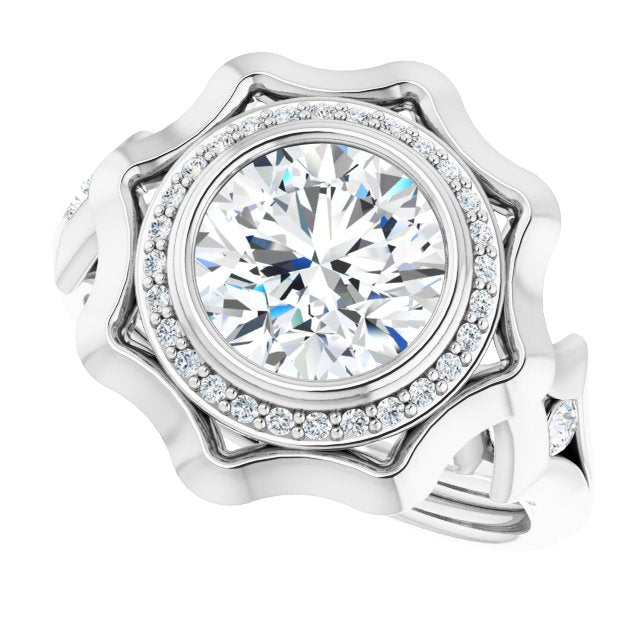Cubic Zirconia Engagement Ring- The Jeanne (Customizable Bezel-set Round Cut with Halo & Oversized Floral Design)