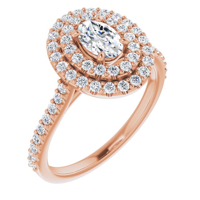 10K Rose Gold Customizable Double-Halo Oval Cut Design with Accented Split Band