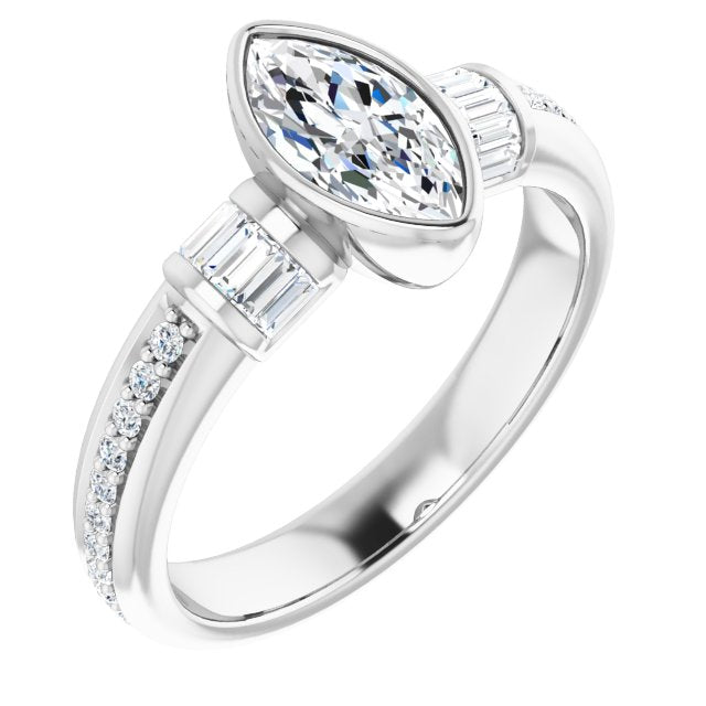 10K White Gold Customizable Cathedral-Bezel Marquise Cut Style with Horizontal Baguettes & Shared Prong Band