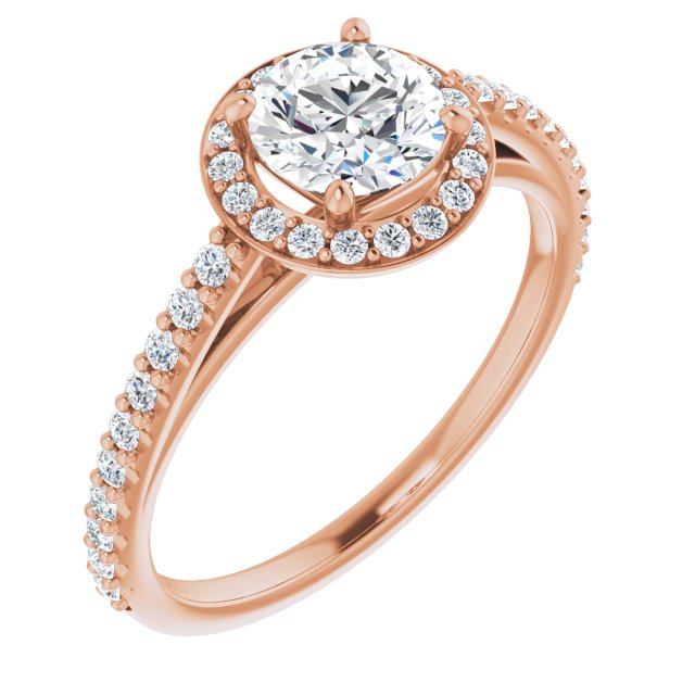 10K Rose Gold Customizable Round Cut Design with Halo and Thin Pavé Band
