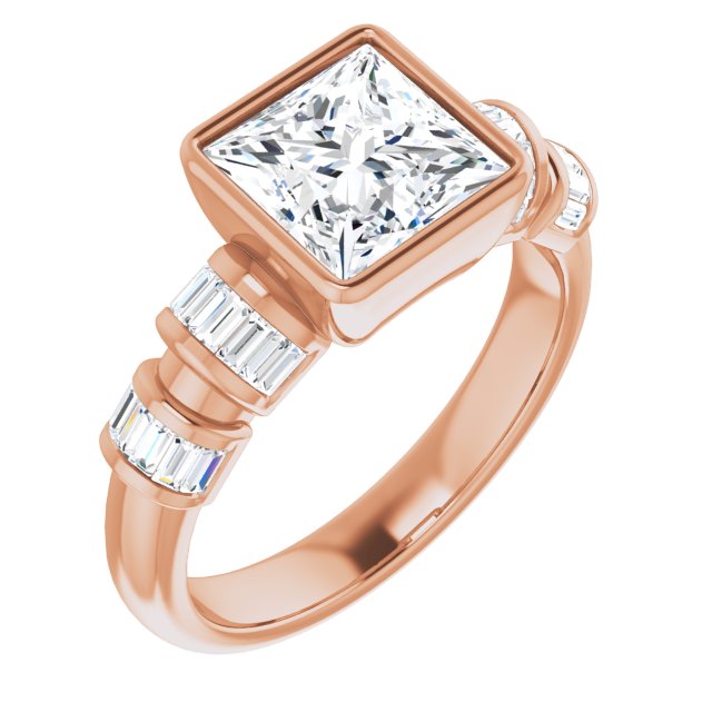 10K Rose Gold Customizable Bezel-set Princess/Square Cut Design with Quad Horizontal Band Sleeves of Baguette Accents