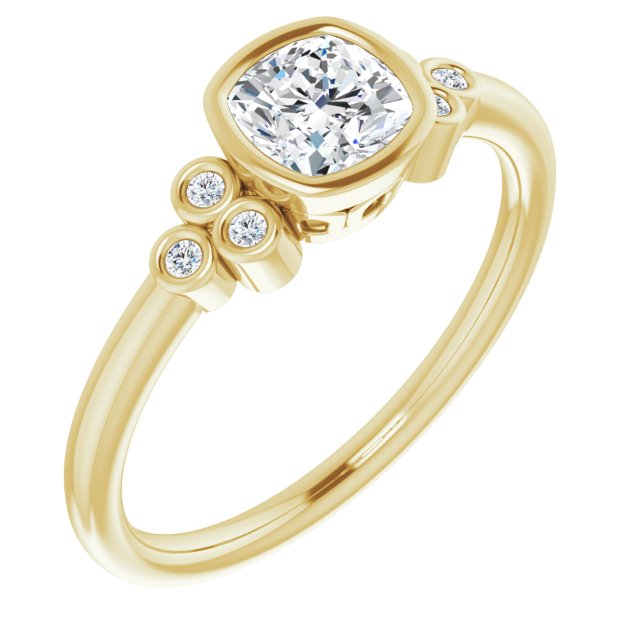 10K Yellow Gold Customizable 7-stone Cushion Cut Style with Triple Round-Bezel Accent Cluster Each Side