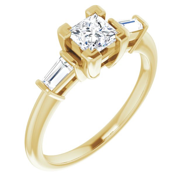 10K Yellow Gold Customizable 3-stone Princess/Square Cut Design with Dual Baguette Accents)