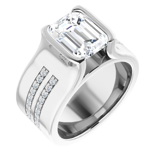 10K White Gold Customizable Bezel-set Emerald/Radiant Cut Design with Thick Band featuring Double-Row Shared Prong Accents