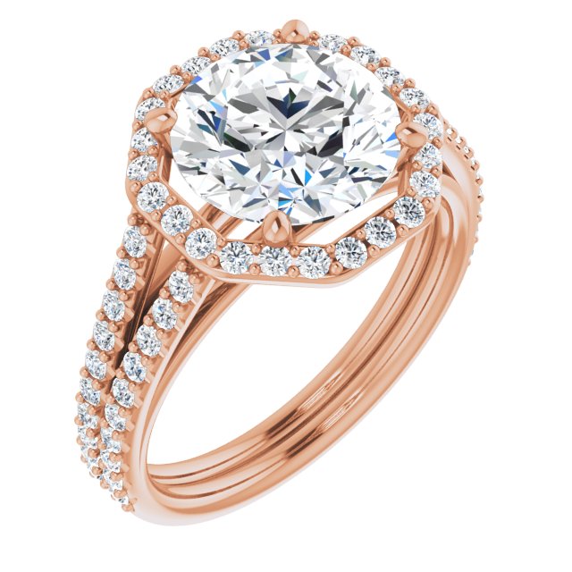10K Rose Gold Customizable Cathedral Round Cut Design with Geometric Halo & Split Pavé Band