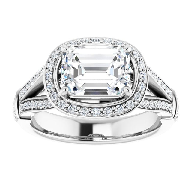 Cubic Zirconia Engagement Ring- The Cecelia (Customizable Radiant Cut Horizontal Setting with Halo, Under-Halo Trellis Accents and Accented Split Band)