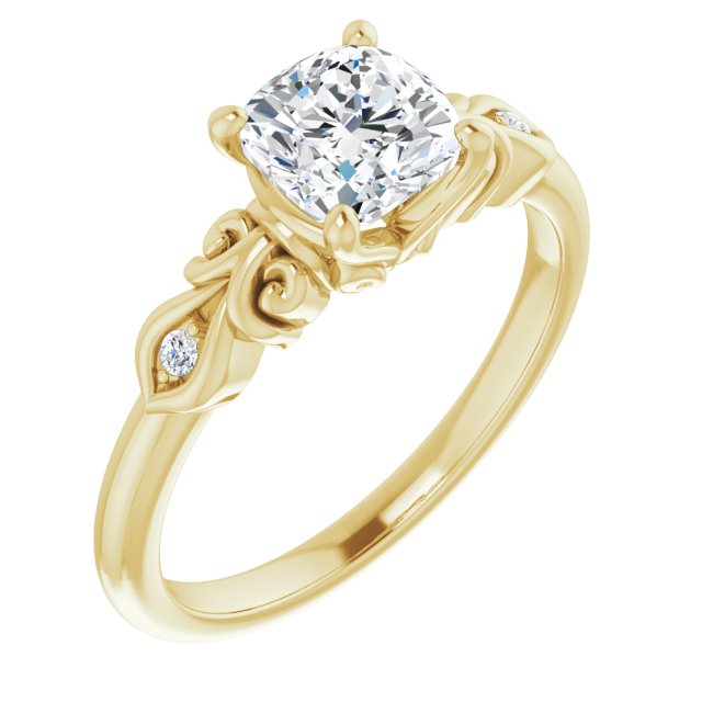 10K Yellow Gold Customizable 3-stone Cushion Cut Design with Small Round Accents and Filigree