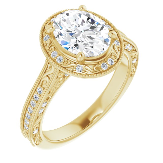10K Yellow Gold Customizable Vintage Artisan Oval Cut Design with 3-Sided Filigree and Side Inlay Accent Enhancements
