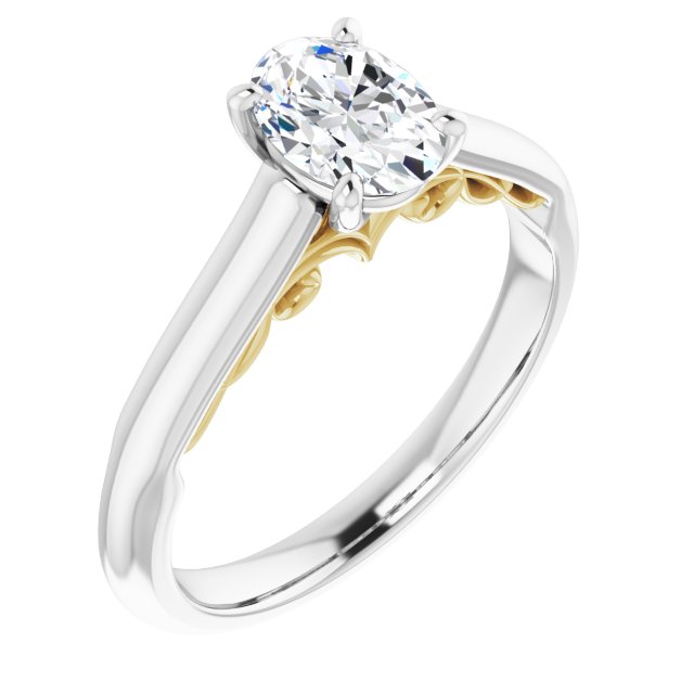 14K White & Yellow Gold Customizable Oval Cut Cathedral Solitaire with Two-Tone Option Decorative Trellis 'Down Under'