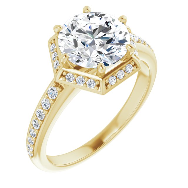 14K Yellow Gold Customizable Round Cut Design with Geometric Under-Halo and Shared Prong Band