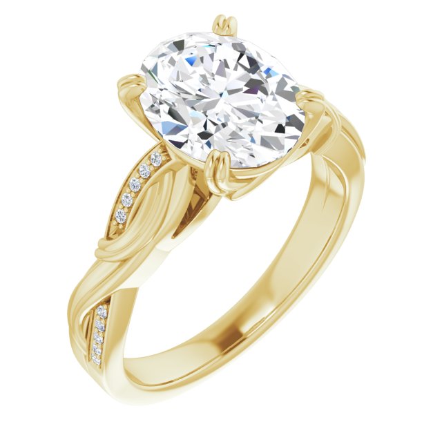 10K Yellow Gold Customizable Cathedral-raised Oval Cut Design featuring Rope-Braided Half-Pavé Band