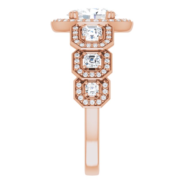 Cubic Zirconia Engagement Ring- The Carmela (Customizable Cathedral-Halo Oval Cut Design with Six Halo-surrounded Asscher Cut Accents and Ultra-wide Band)