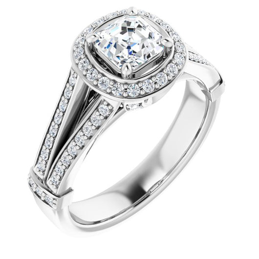 10K White Gold Customizable Asscher Cut Setting with Halo, Under-Halo Trellis Accents and Accented Split Band