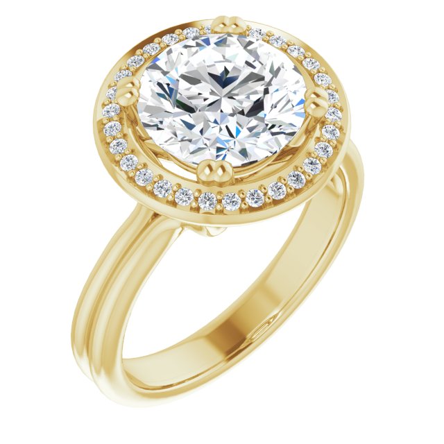 18K Yellow Gold Customizable Round Cut Style with Scooped Halo and Grooved Band