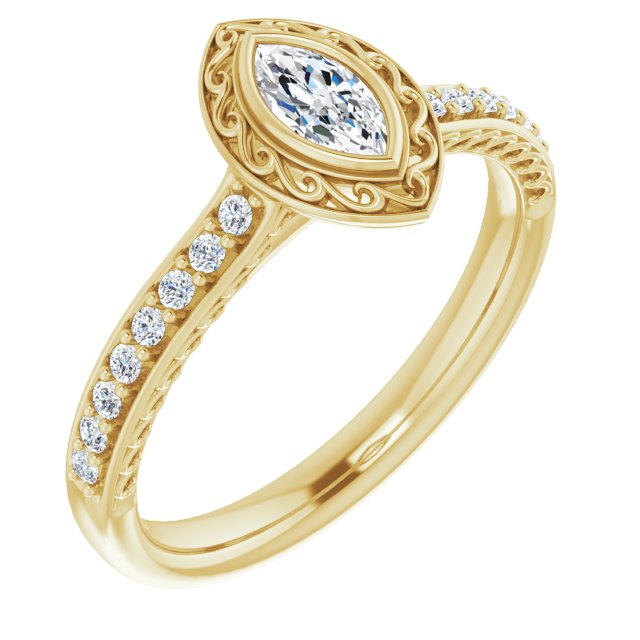10K Yellow Gold Customizable Cathedral-Bezel Marquise Cut Design featuring Accented Band with Filigree Inlay