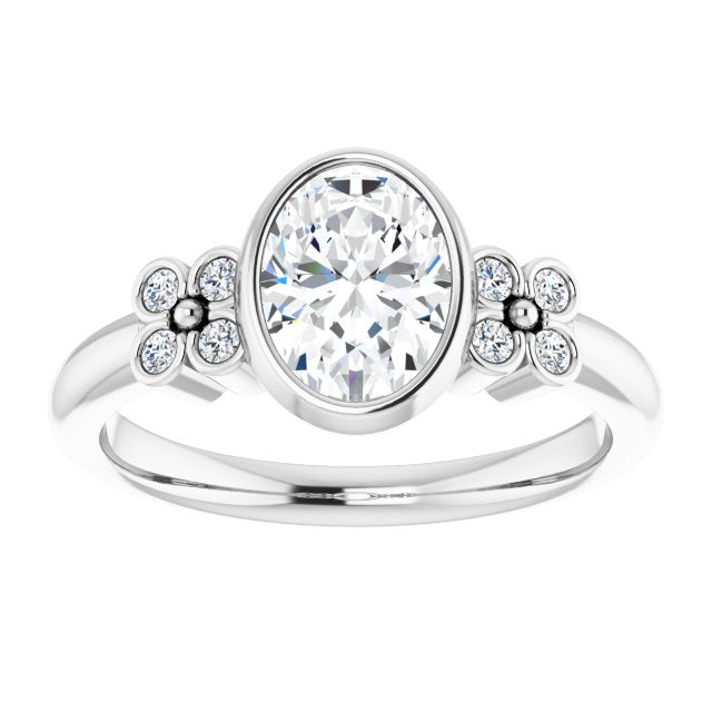 Cubic Zirconia Engagement Ring- The Kjerstin Rose (Customizable 9-stone Bezel-set Oval Cut Design with Quad Round Bezel Side Stones Each Side)