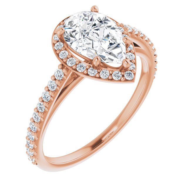 10K Rose Gold Customizable Pear Cut Design with Halo and Thin Pavé Band